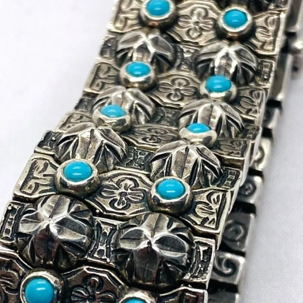SOLD!! Konstantino Sterling Silver Turquoise Panel Links Bracelet 6.75" - Picture 7 of 16